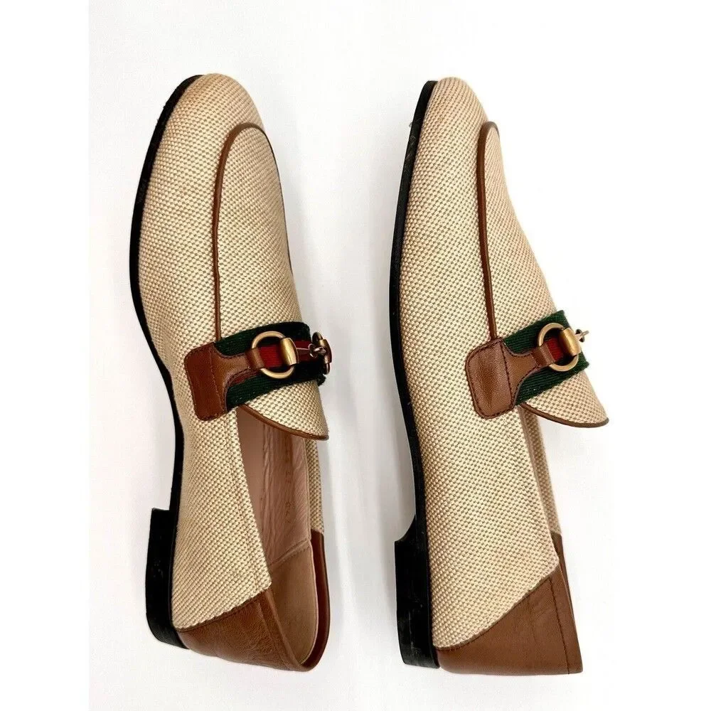 Gucci Brixton Beige Canvas Horsebit Buckle Loafers Web Stripe Flats EU 37 US 7 - Picture 6 of 12